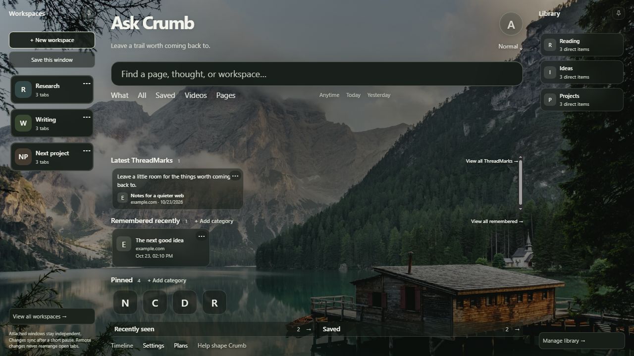 Current Crumb interface with Ask Crumb search, Workspaces, Library, ThreadMarks and Pins, shown with demonstration data.